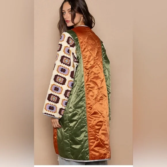 #027 Last 1!! M/L POL cardigan in quilted woven with textured knit patch point - Picture 2 of 6